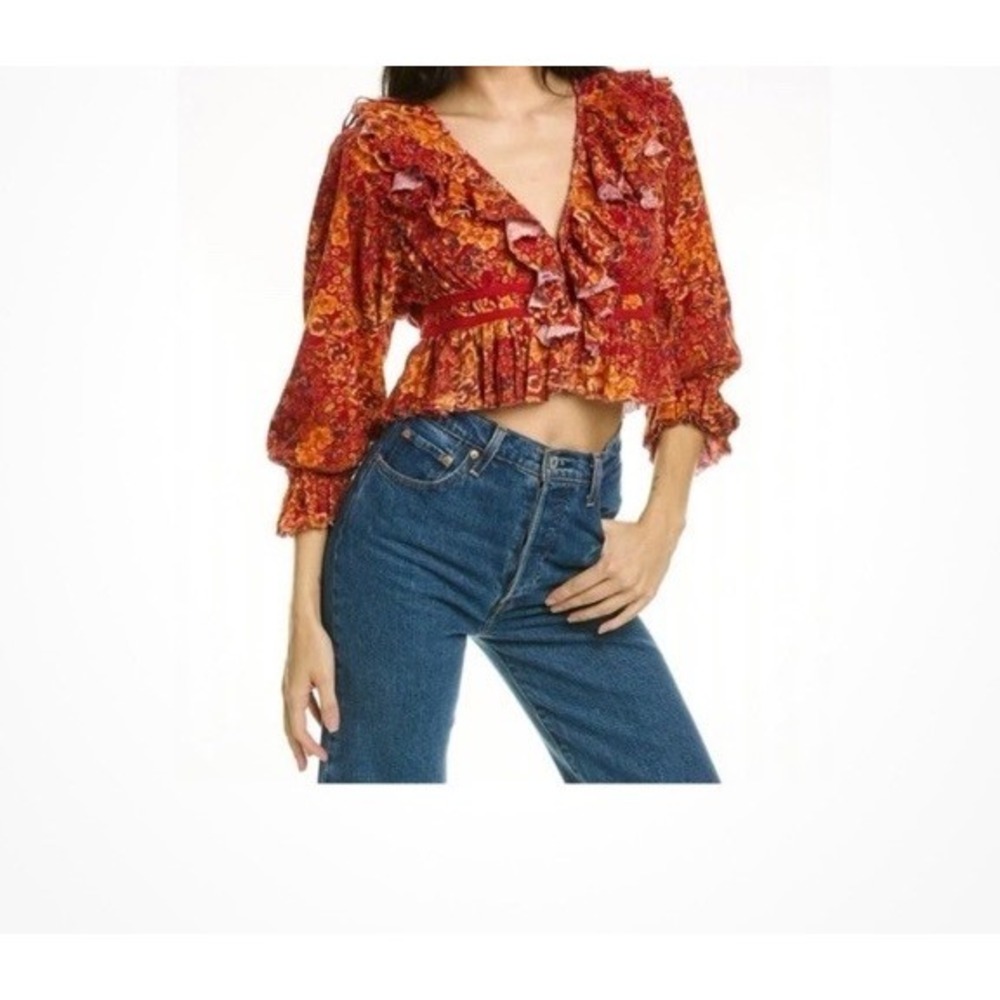 Free People Red Orange Floral Rudi Ruffle Cropped Long Sleeve Top - Picture 4 of 9
